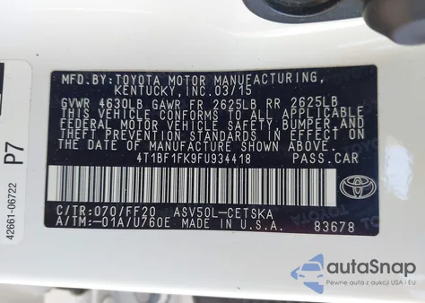 2015 Toyota Camry Se from USA, damaged, VIN 4T1BF1FK9FU934418